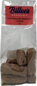 Billees Milk Choc Raspberry Licorice 150g